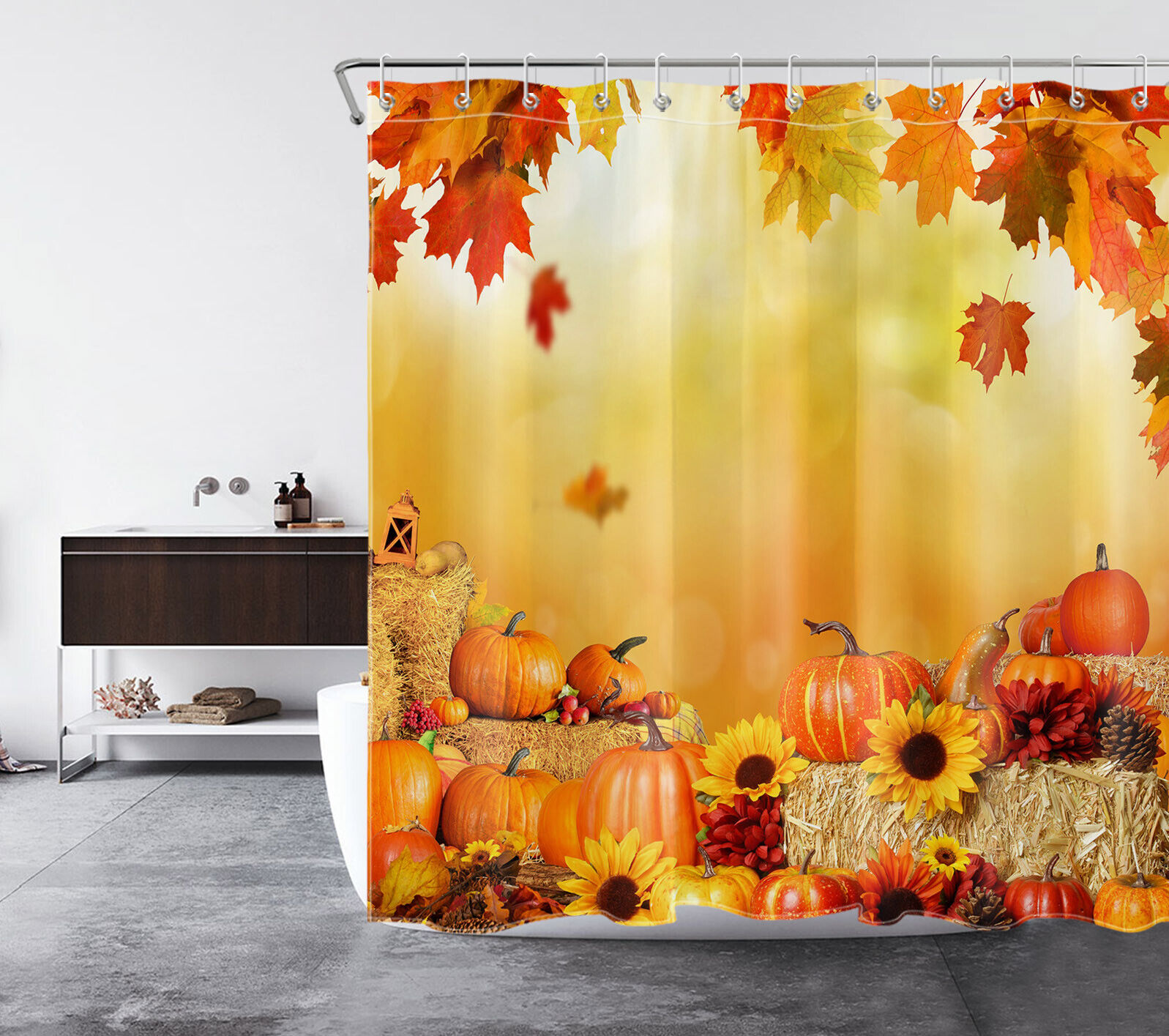 Rustic Retro Sunflower Pumpkin Thanksgiving Shower Curtain with Plant Print