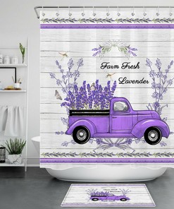 Rustic Retro Truck Shower Curtain with Purple Plank and Dragonfly Prints