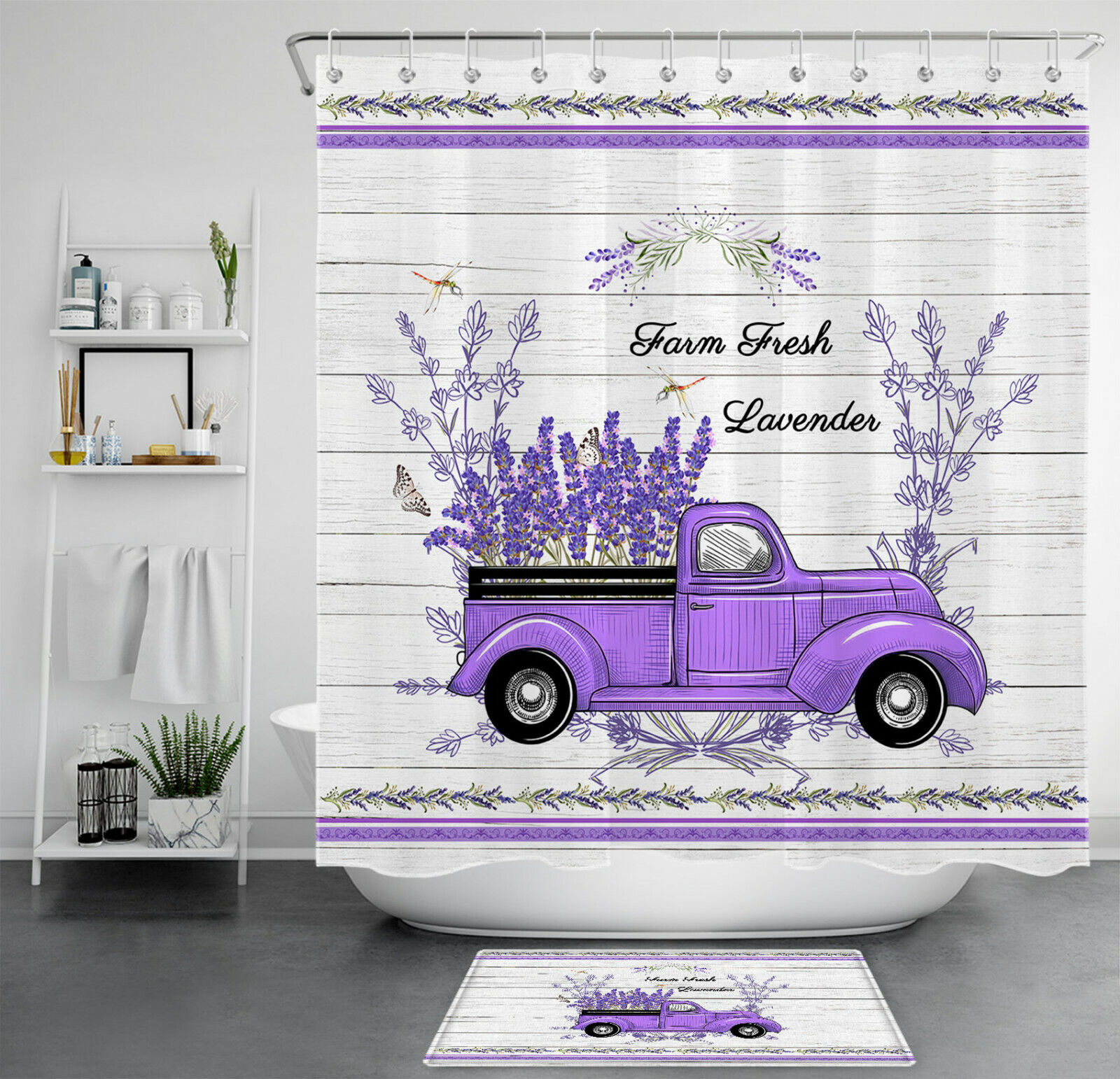 Rustic Retro Truck Shower Curtain with Purple Plank and Dragonfly Prints