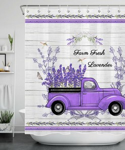 Rustic Retro Truck Shower Curtain with Purple Plank and Dragonfly Prints