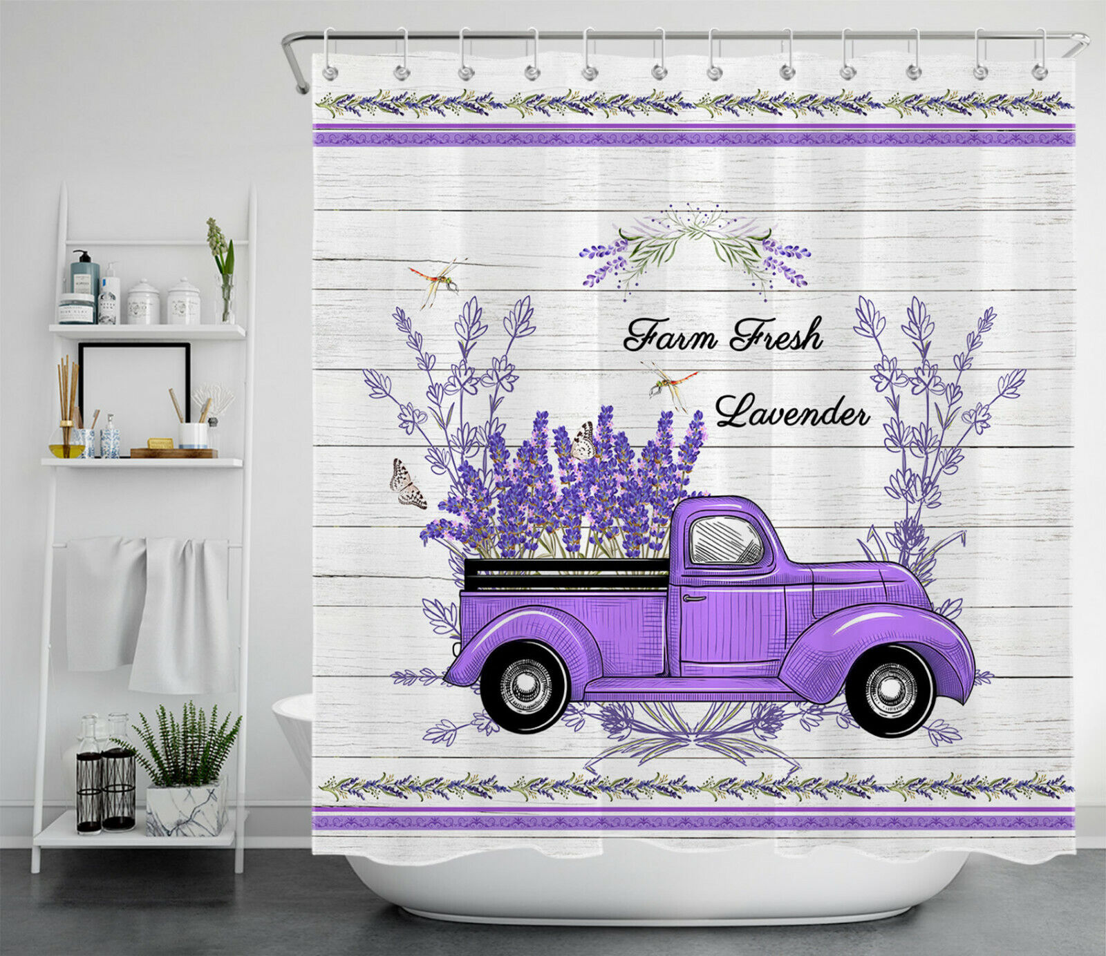 Rustic Retro Truck Shower Curtain with Purple Plank and Dragonfly Prints