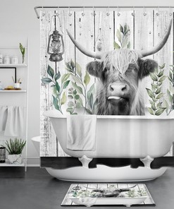 Rustic Retro Wood Shower Curtain with Plant Leaf Highland Cow Print