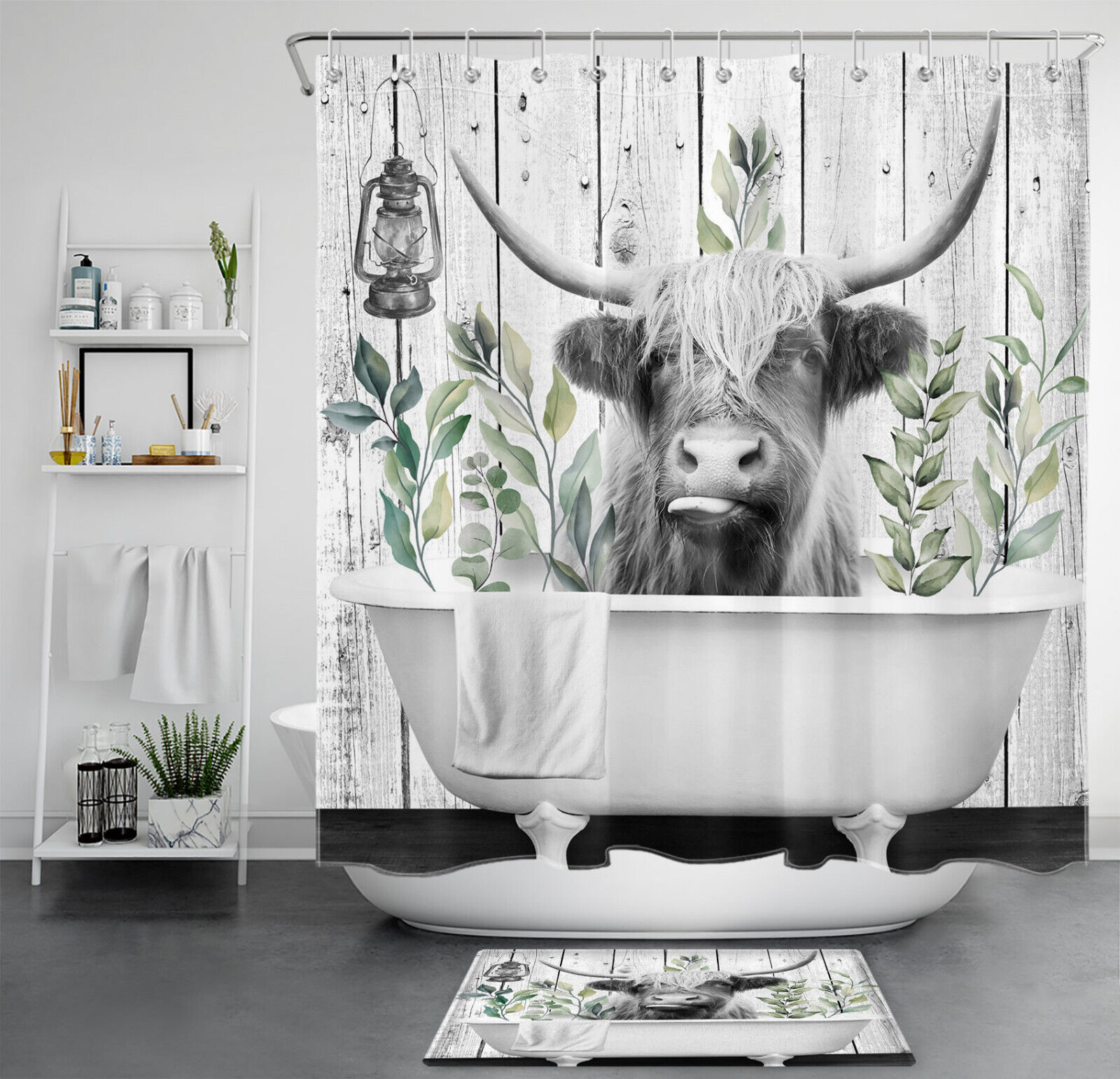 Rustic Retro Wood Shower Curtain with Plant Leaf Highland Cow Print