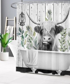 Rustic Retro Wood Shower Curtain with Plant Leaf Highland Cow Print