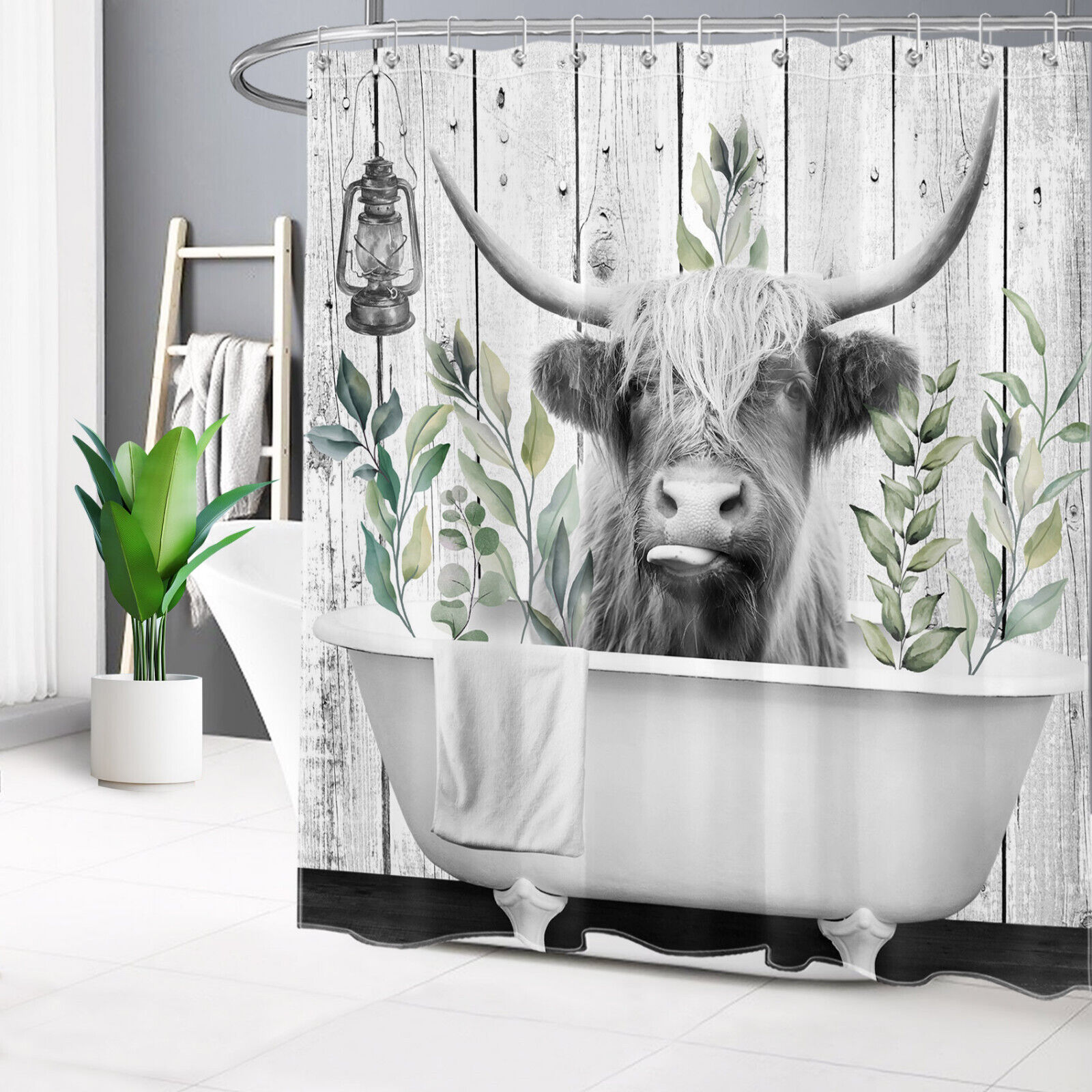 Rustic Retro Wood Shower Curtain with Plant Leaf Highland Cow Print