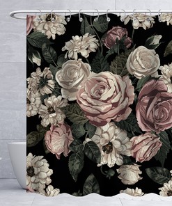 Rustic Rustle Grey Floral Shower Curtain With Blossoming Rose