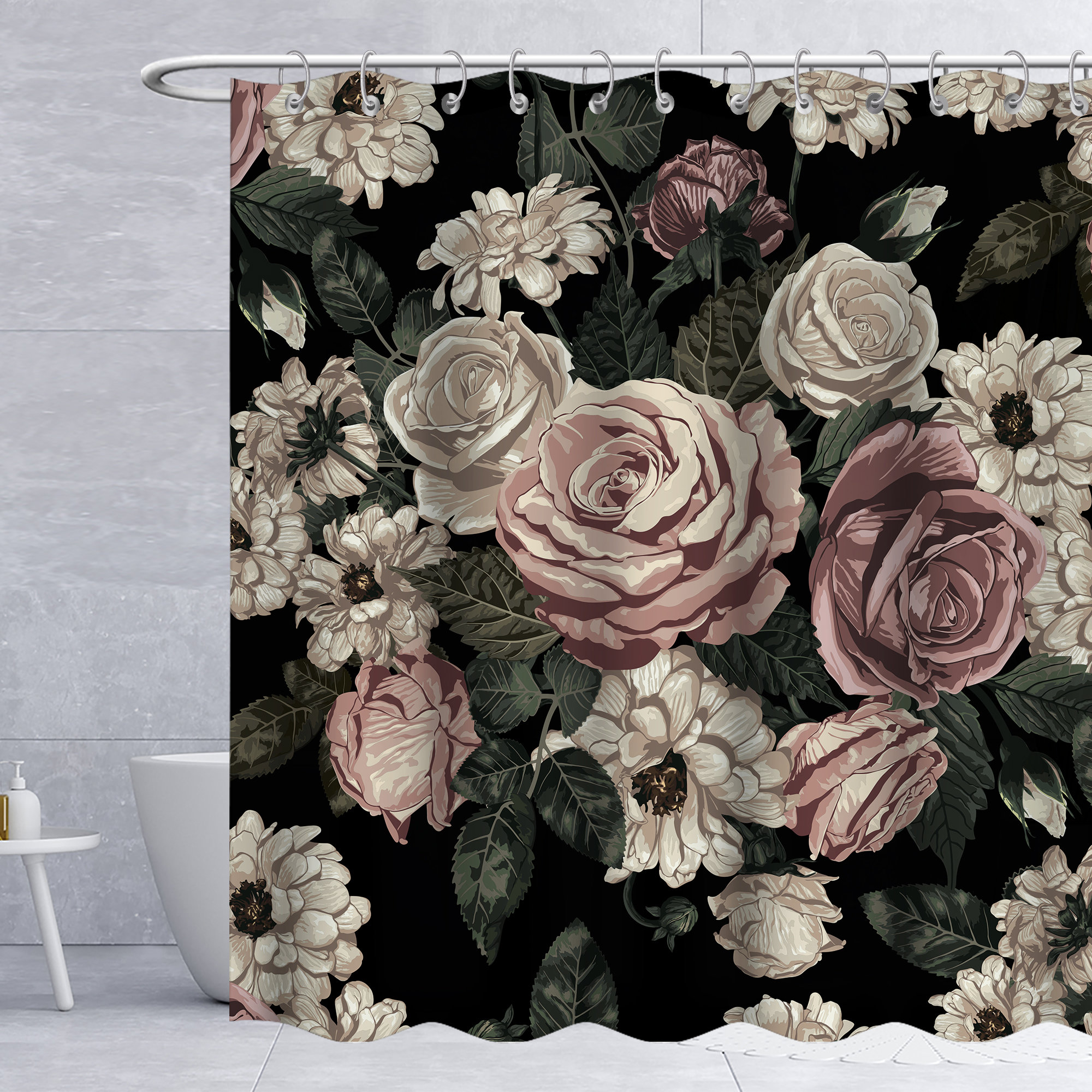 Rustic Rustle Grey Floral Shower Curtain With Blossoming Rose