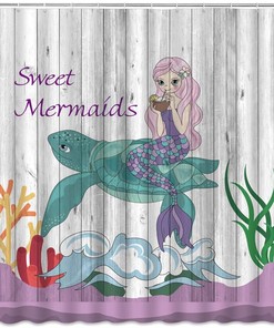 Rustic Sea Turtle Mermaid Shower Curtain With Cute Cartoon Ocean Life Design And Vintage Wooden Board