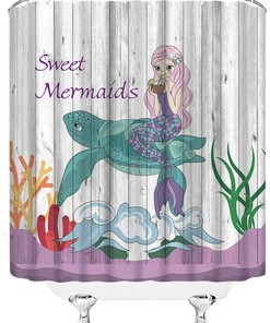Rustic Sea Turtle Mermaid Shower Curtain With Cute Cartoon Ocean Life Design And Vintage Wooden Board