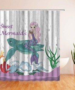 Rustic Sea Turtle Mermaid Shower Curtain With Cute Cartoon Ocean Life Design And Vintage Wooden Board