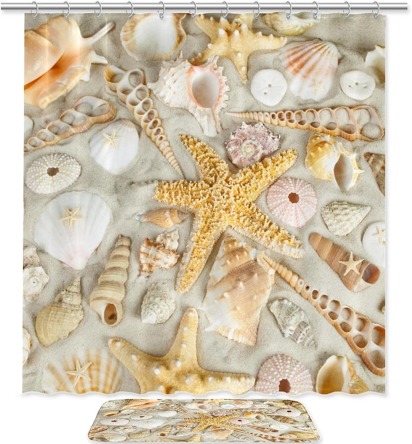 Rustic Seaside Beach Shower Curtain With Starfish And Seashells Print For A Coastal Bathroom