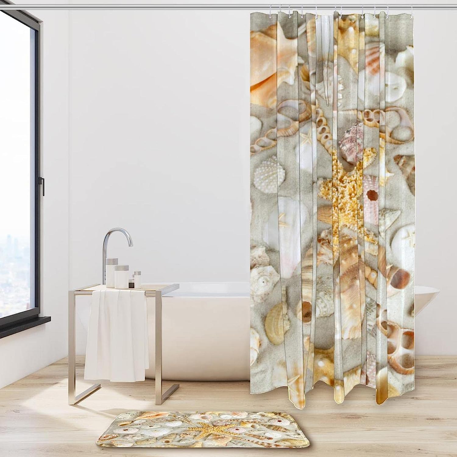 Rustic Seaside Beach Shower Curtain With Starfish And Seashells Print For A Coastal Bathroom - Image 2