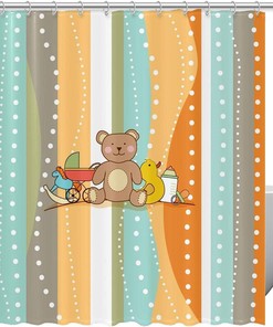 Rustic Shower Curtain With Bear And Stripe Print, Perfect For Lodge Or Cabin Bathrooms