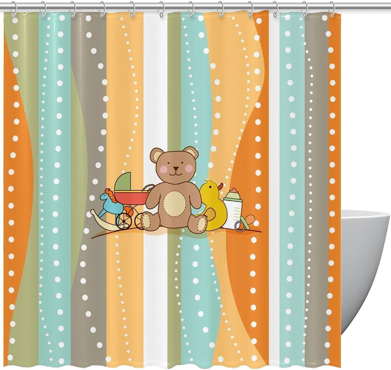 Rustic Shower Curtain With Bear And Stripe Print, Perfect For Lodge Or Cabin Bathrooms