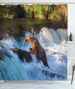 Rustic Shower Curtain With Bear And Waterfall Print, Perfect For Nature Lovers
