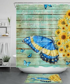 Rustic Shower Curtain with Sunflower Butterfly and Wooden Board Design - Vintage Bathroom Accessories