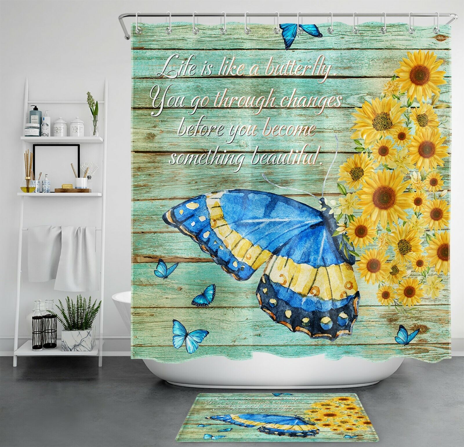 Rustic Shower Curtain with Sunflower Butterfly and Wooden Board Design - Vintage Bathroom Accessories