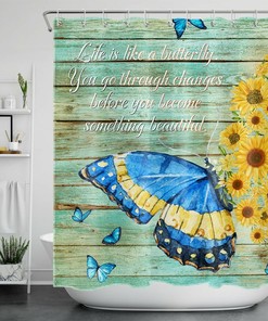 Rustic Shower Curtain with Sunflower Butterfly and Wooden Board Design - Vintage Bathroom Accessories