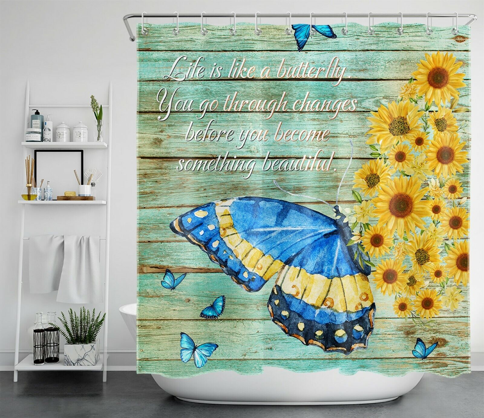 Rustic Shower Curtain with Sunflower Butterfly and Wooden Board Design - Vintage Bathroom Accessories