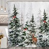 Rustic Snowy Forest Shower Curtain With Pine Tree, Cardinal, And Deer For Christmas