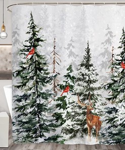 Rustic Snowy Forest Shower Curtain With Pine Tree, Cardinal, And Deer For Christmas