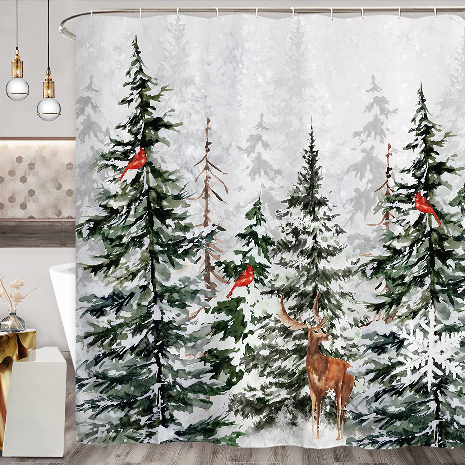 Rustic Snowy Forest Shower Curtain With Pine Tree, Cardinal, And Deer For Christmas