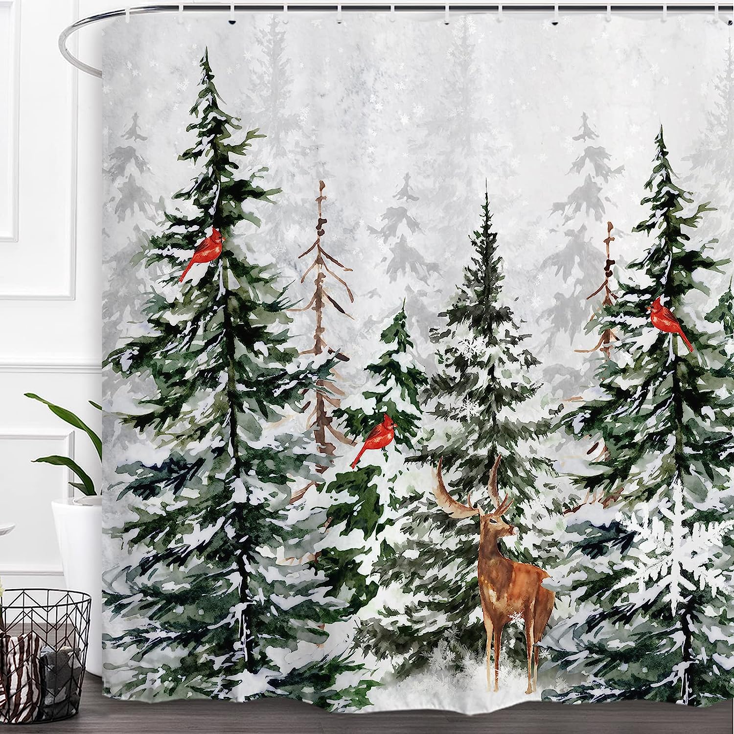 Rustic Snowy Forest Shower Curtain With Pine Tree, Cardinal, And Deer For Christmas - Image 2