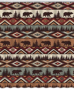Rustic Southwestern Shower Curtain with Bear and Brown Aztec Pattern