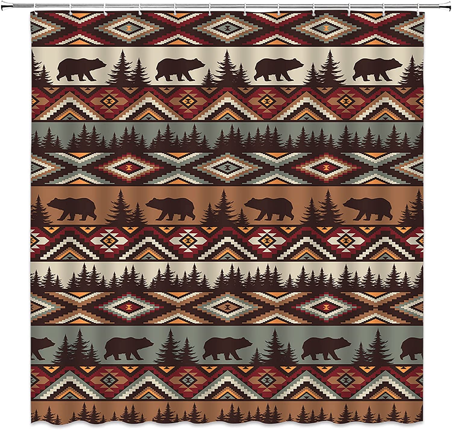 Rustic Southwestern Shower Curtain with Bear and Brown Aztec Pattern