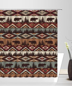 Rustic Southwestern Shower Curtain with Bear and Brown Aztec Pattern