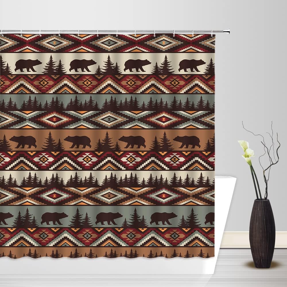 Rustic Southwestern Shower Curtain with Bear and Brown Aztec Pattern