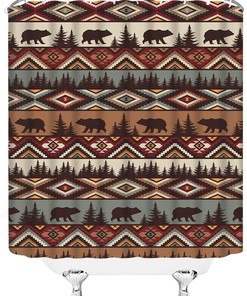 Rustic Southwestern Shower Curtain with Bear and Brown Aztec Pattern