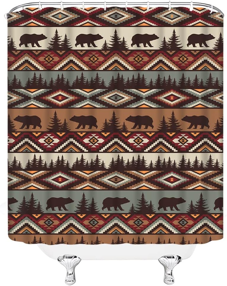 Rustic Southwestern Shower Curtain with Bear and Brown Aztec Pattern