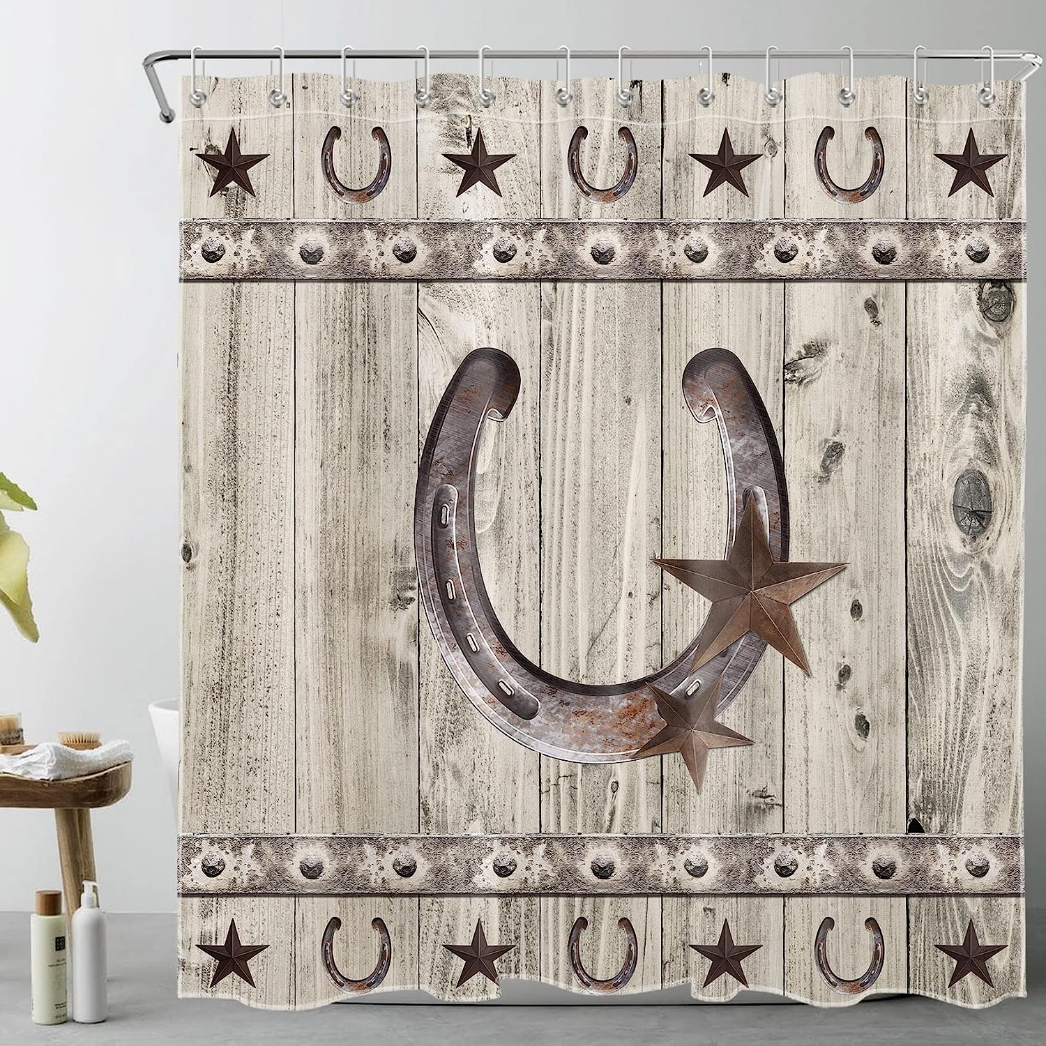 Rustic Star Shower Curtain - Wooden Board Bathroom Decor with Texas Star and Farmhouse Flair with Waterproof Fabric