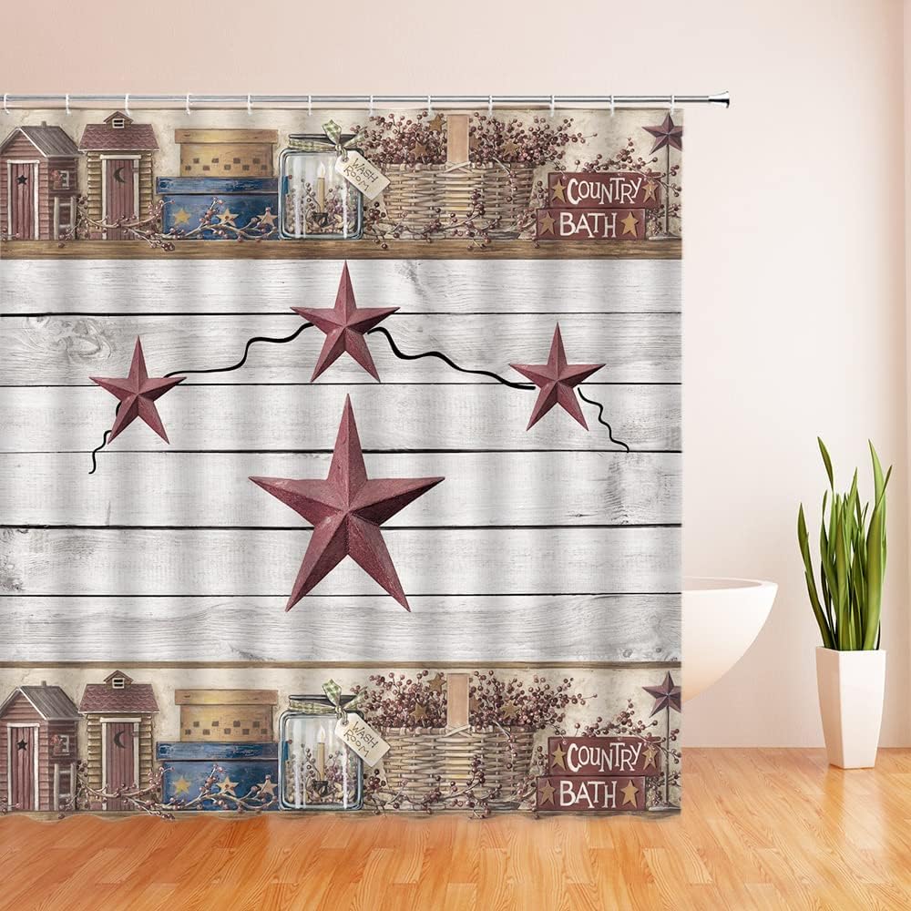Rustic Star Western Shower Curtain with Texas Star and Southwestern Country Outhouse Cabin for Farmhouse Bathroom