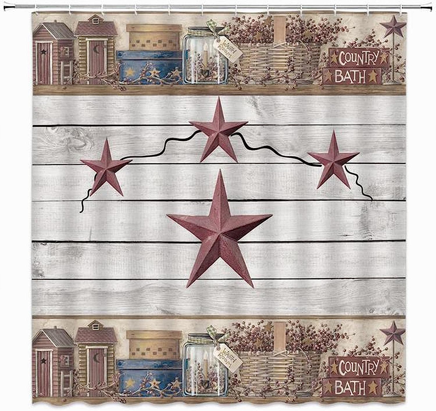 Rustic Star Western Shower Curtain with Texas Star and Southwestern Country Outhouse Cabin for Farmhouse Bathroom