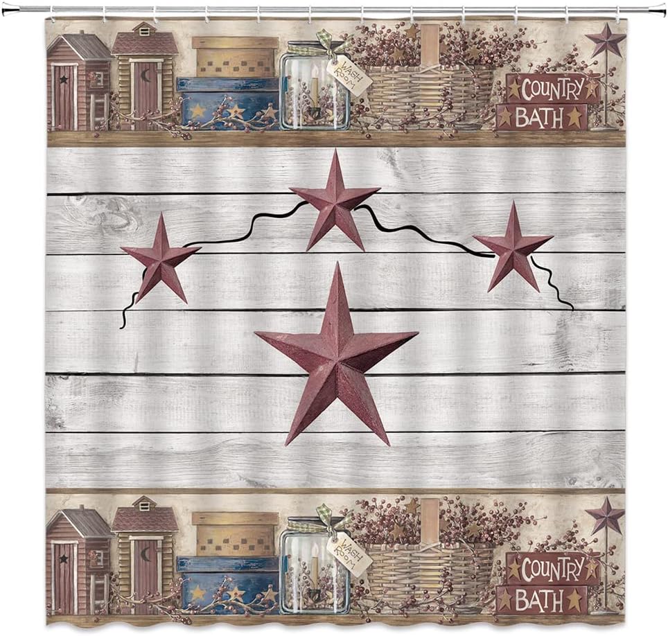 Rustic Star Western Shower Curtain with Texas Star and Southwestern Country Outhouse Cabin for Farmhouse Bathroom