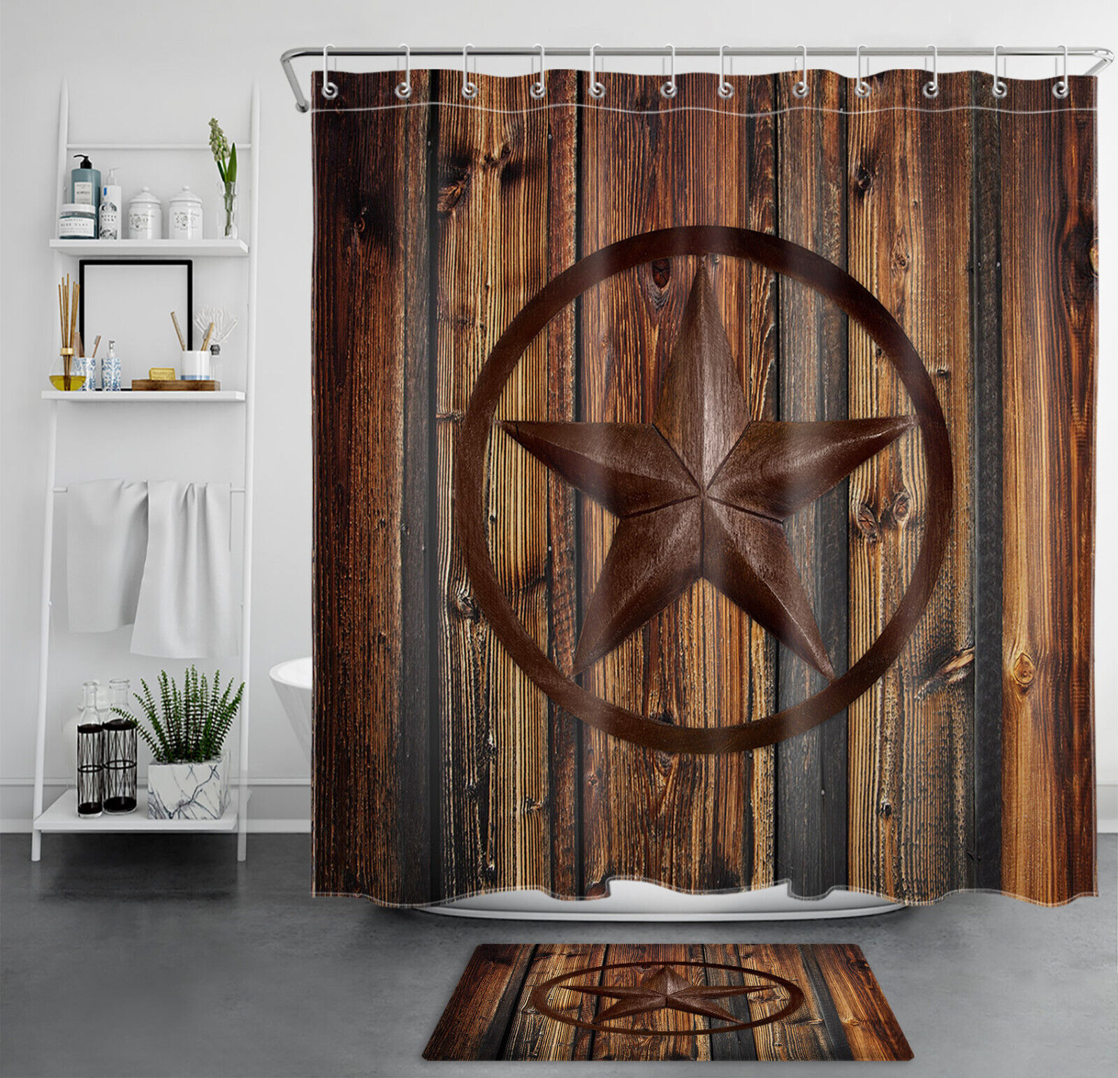 Rustic Star Wooden Board Shower Curtain - Farmhouse Bathroom Decor