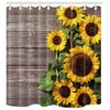 Rustic Striped Sunflower Fabric Shower Curtain, Waterproof Bathroom Decor 