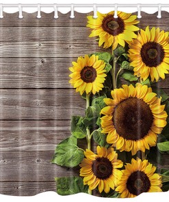 Rustic Striped Sunflower Fabric Shower Curtain, Waterproof Bathroom Decor 