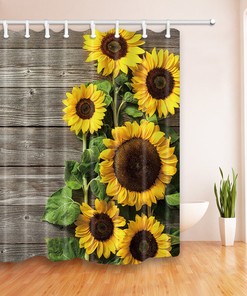 Rustic Striped Sunflower Fabric Shower Curtain, Waterproof Bathroom Decor