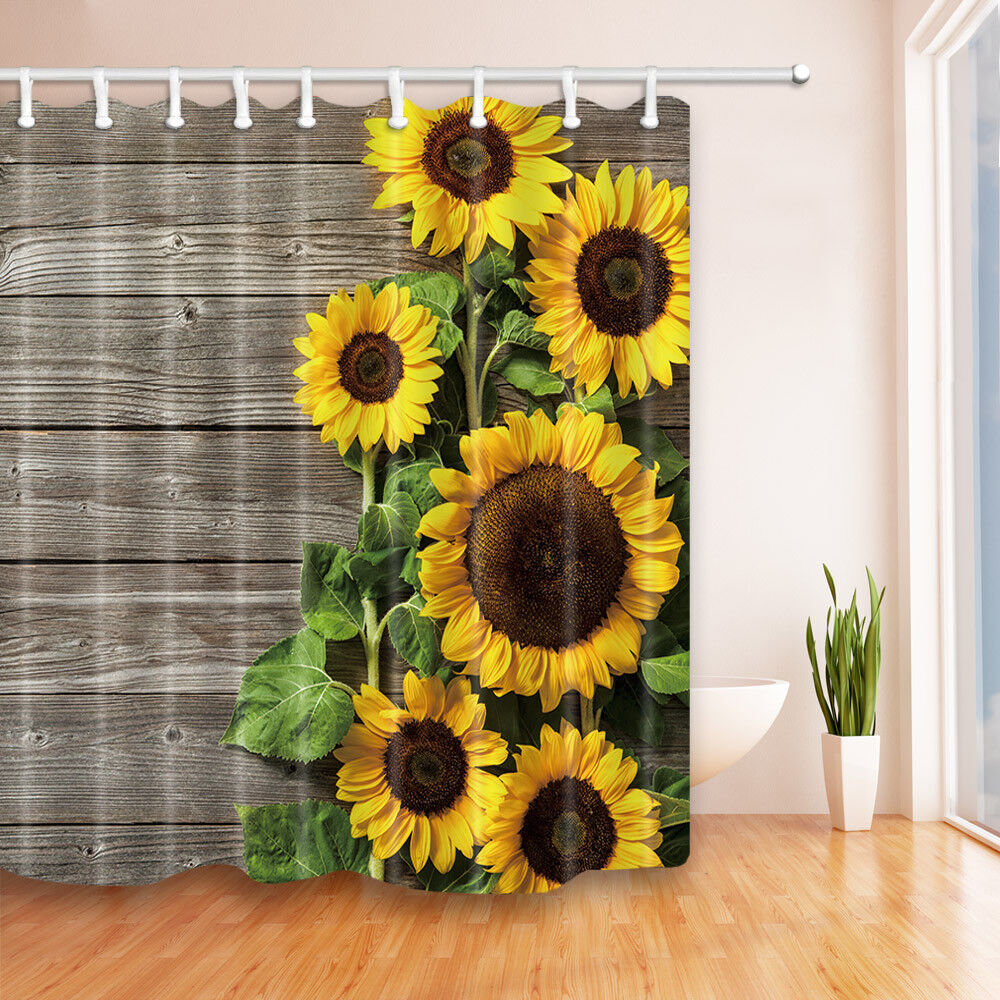 Rustic Striped Sunflower Fabric Shower Curtain, Waterproof Bathroom Decor