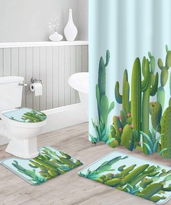 Rustic Summer Cactus Green Succulent Print Shower Curtain for Tropical Bathroom