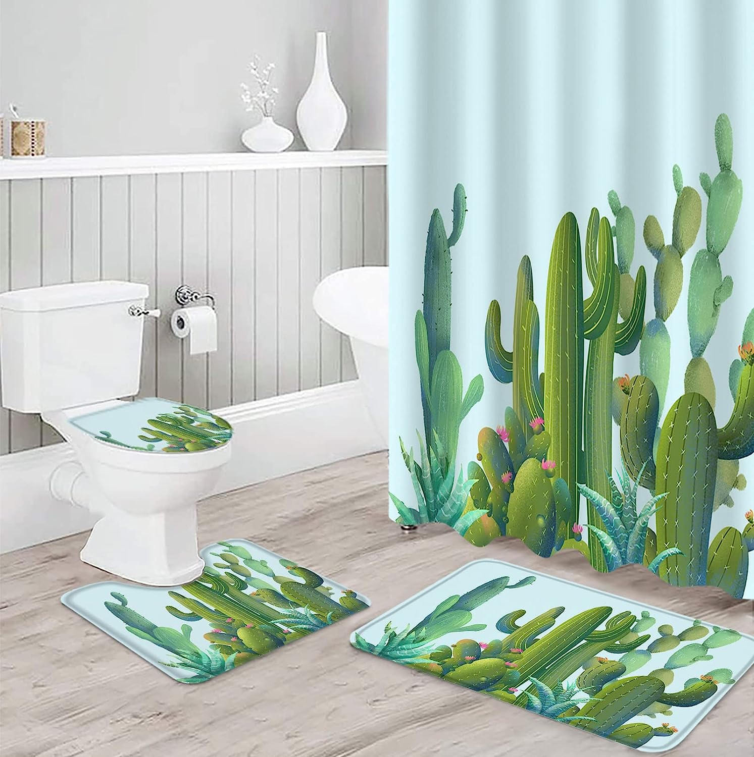 Rustic Summer Cactus Green Succulent Print Shower Curtain for Tropical Bathroom