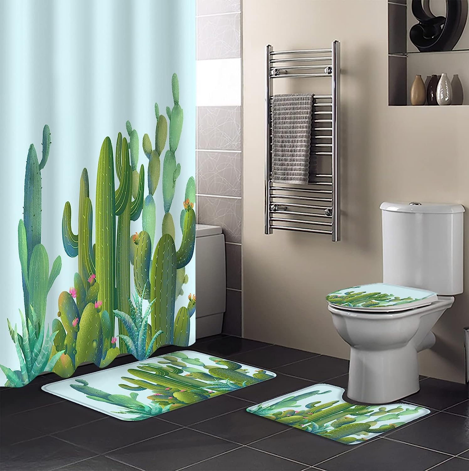 Rustic Summer Cactus Green Succulent Print Shower Curtain for Tropical Bathroom