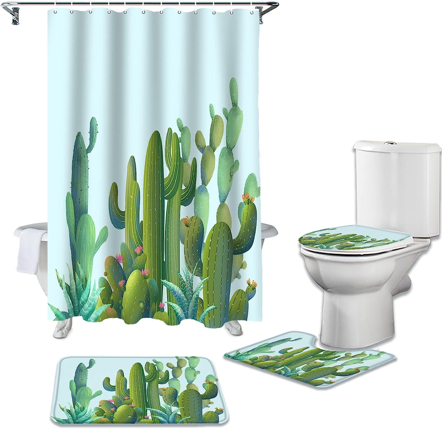 Rustic Summer Cactus Green Succulent Print Shower Curtain for Tropical Bathroom