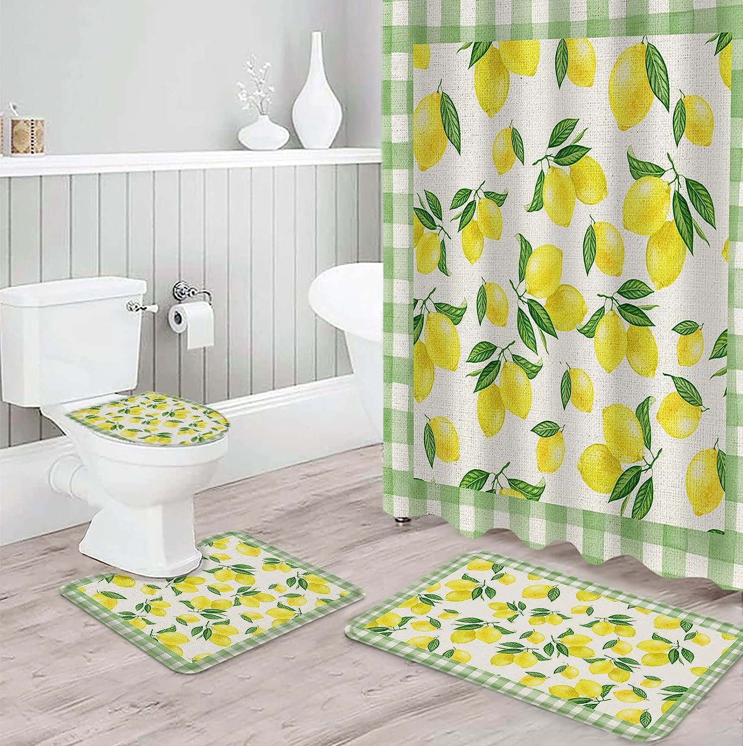 Rustic Summer Lemon Green Buffalo Plaid Bathroom Shower Curtain
