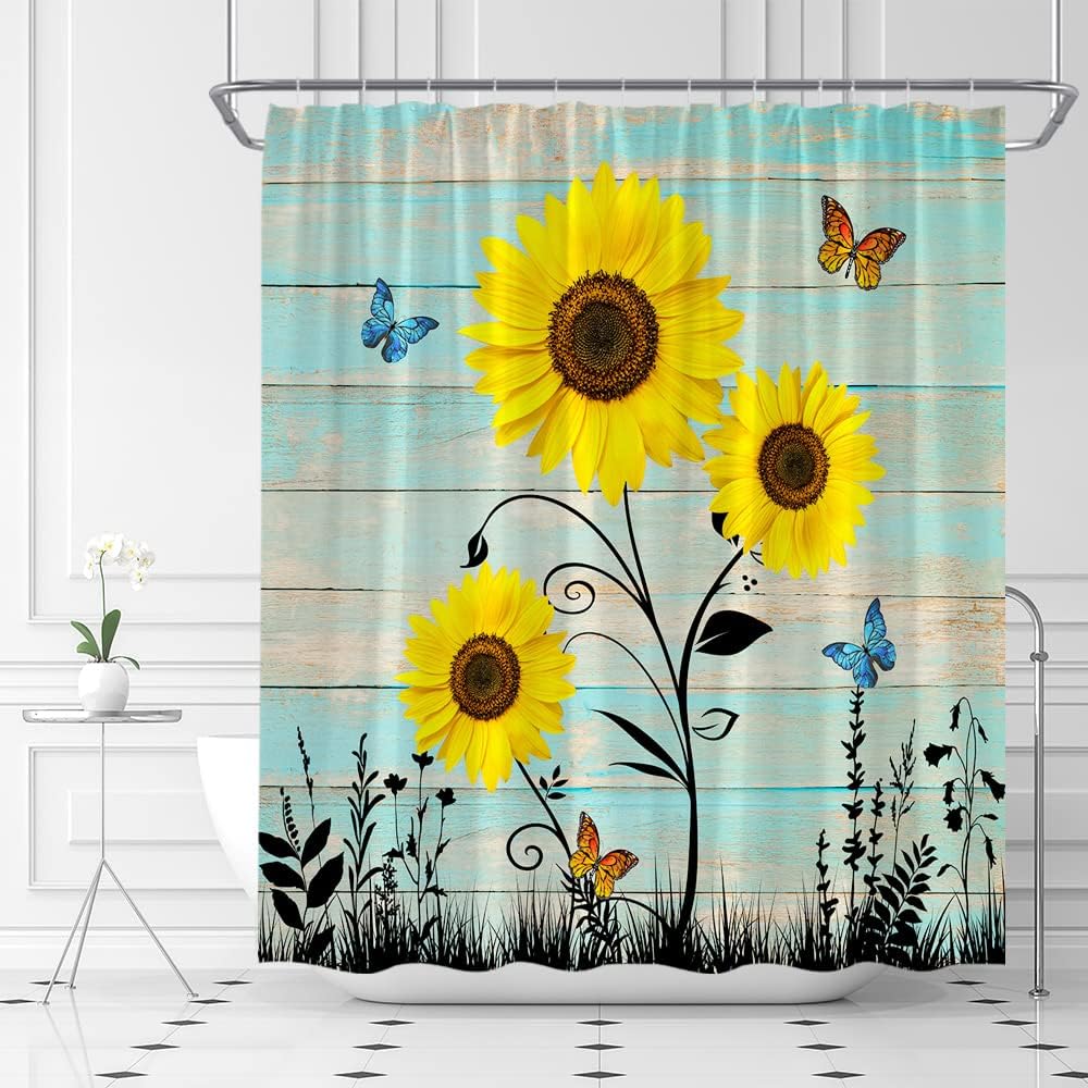 Rustic Sunflower And Butterfly Shower Curtain