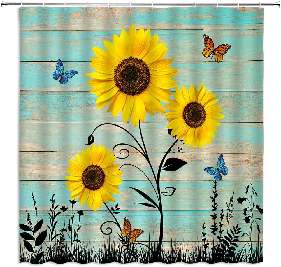 Rustic Sunflower And Butterfly Shower Curtain - Image 2