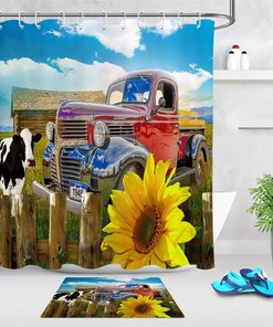 Rustic Sunflower Farmhouse Shower Curtain with Wood Fence and Cow for Bathroom Decor